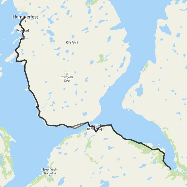 Map miniature of "Kvalsund Excursion Road Cycling Route" cycling inspiration in Nord-Norge, Norway. Generated by Tarmacs.app cycling route planner