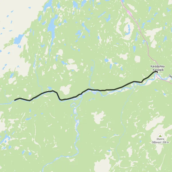 Map miniature of "Scenic Karasjok Route" cycling inspiration in Nord-Norge, Norway. Generated by Tarmacs.app cycling route planner