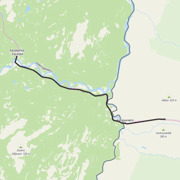 Kartminiatyr av "Utforsk Det Beste av Karigasniemi og Basiskáidi" sykkelinspirasjon i Nord-Norge, Norway. Generert av Tarmacs.app sykkelrutoplanlegger