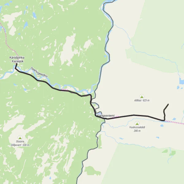 Map miniature of "Kárášjohka to Karigasniemi" cycling inspiration in Nord-Norge, Norway. Generated by Tarmacs.app cycling route planner