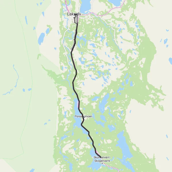 Map miniature of "Skuvvanvárri - Porsangmoen - Lakselv Road Route" cycling inspiration in Nord-Norge, Norway. Generated by Tarmacs.app cycling route planner