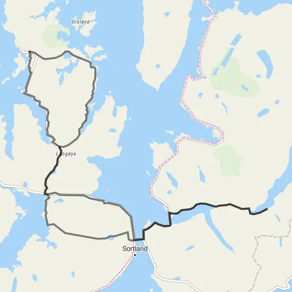 Map miniature of "Myre to Sørvågmælen Loop" cycling inspiration in Nord-Norge, Norway. Generated by Tarmacs.app cycling route planner