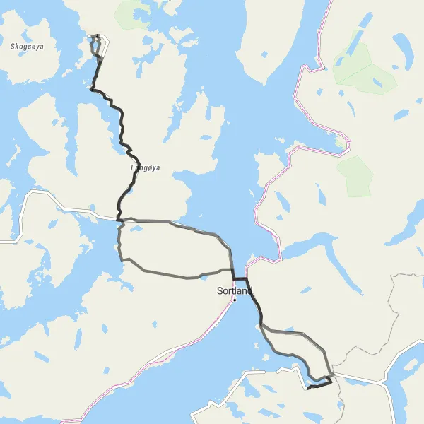 Kartminiatyr av "Sirkulær sykkelrute fra Myre" sykkelinspirasjon i Nord-Norge, Norway. Generert av Tarmacs.app sykkelrutoplanlegger