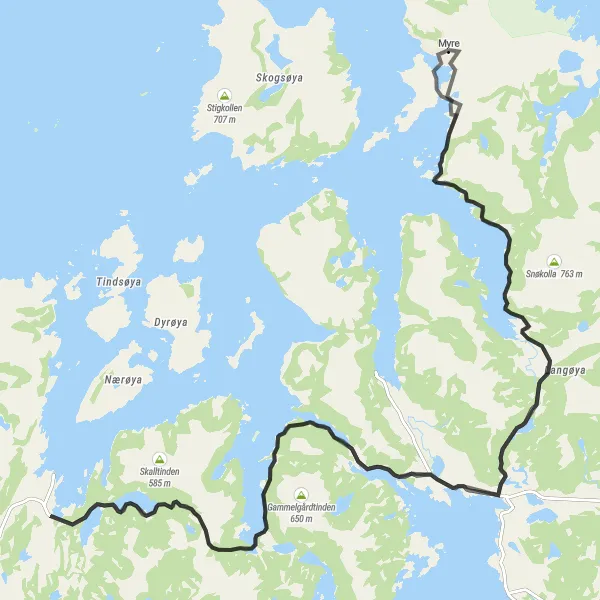 Map miniature of "Myre to Teistpolltinden Circuit" cycling inspiration in Nord-Norge, Norway. Generated by Tarmacs.app cycling route planner