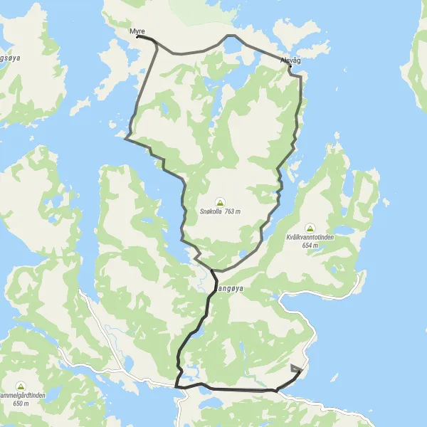 Map miniature of "Myre to Bollvågen Loop" cycling inspiration in Nord-Norge, Norway. Generated by Tarmacs.app cycling route planner