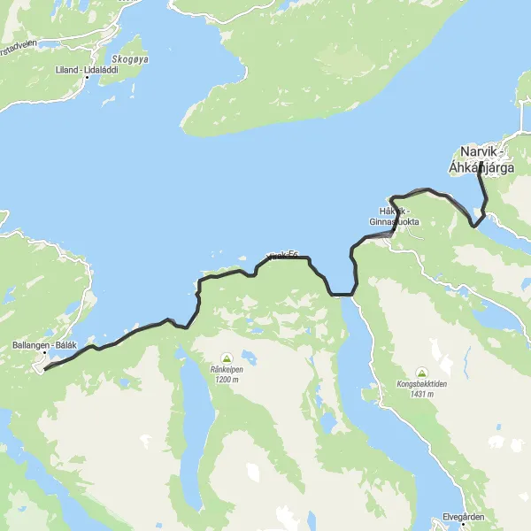 Map miniature of "Narvik - Håkvik - Ginnasluokta Loop" cycling inspiration in Nord-Norge, Norway. Generated by Tarmacs.app cycling route planner