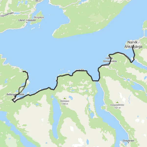 Map miniature of "Narvik - Håkvik - Ginnasluokta Extended Loop" cycling inspiration in Nord-Norge, Norway. Generated by Tarmacs.app cycling route planner