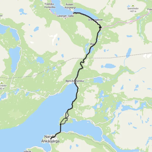 Map miniature of "Geisvik - Gratangsbotn - Bjerkvik - Rahkka Loop" cycling inspiration in Nord-Norge, Norway. Generated by Tarmacs.app cycling route planner