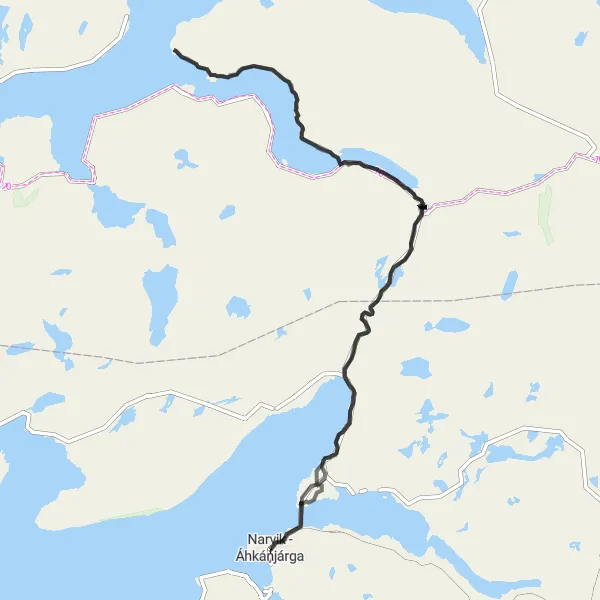 Map miniature of "Øyjorda - Bjerkvik - Rahkka - Årstein - Árjogeargi Loop" cycling inspiration in Nord-Norge, Norway. Generated by Tarmacs.app cycling route planner