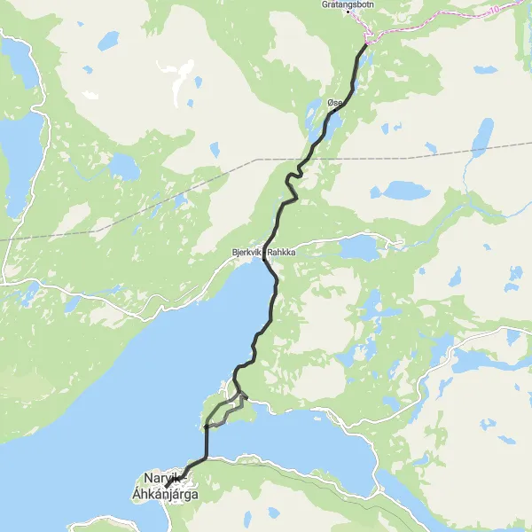 Map miniature of "Geisvik - Bjerkvik - Rahkka - Damplokomotiv "Bifrost" Loop" cycling inspiration in Nord-Norge, Norway. Generated by Tarmacs.app cycling route planner