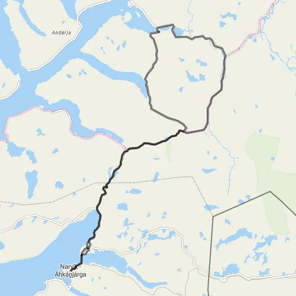 Map miniature of "Narvik - Øyjorda - Pervarden Loop" cycling inspiration in Nord-Norge, Norway. Generated by Tarmacs.app cycling route planner