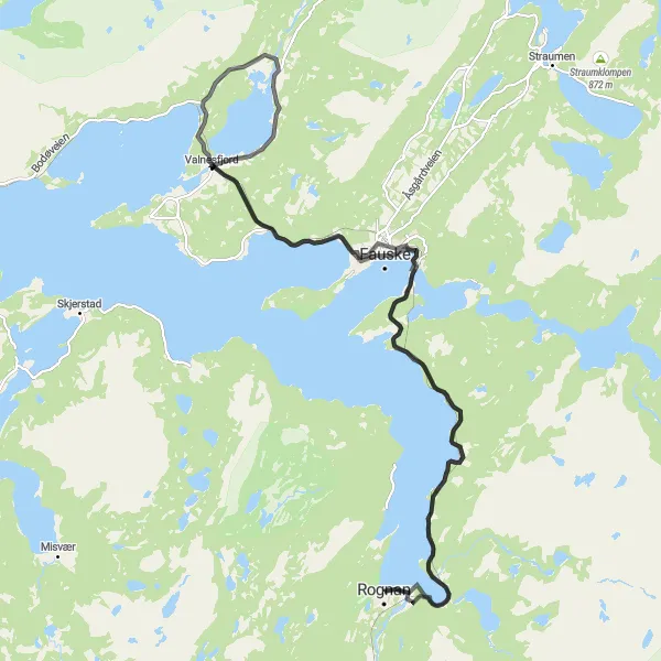 Map miniature of "Botn to Rognan Scenic Road Cycling Adventure" cycling inspiration in Nord-Norge, Norway. Generated by Tarmacs.app cycling route planner