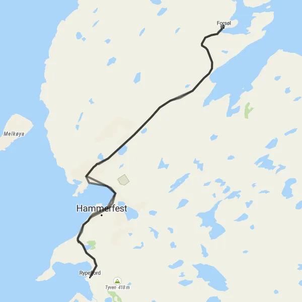 Kartminiatyr av "Oppdag Hammerfest til Forsøl og Musikkpaviljongen rute" sykkelinspirasjon i Nord-Norge, Norway. Generert av Tarmacs.app sykkelrutoplanlegger