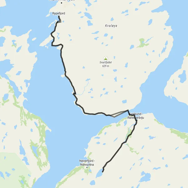 Kartminiatyr av "Utforsk Rypefjord til Kvalsund - Ráhkkerávju" sykkelinspirasjon i Nord-Norge, Norway. Generert av Tarmacs.app sykkelrutoplanlegger