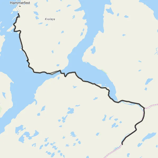 Kartminiatyr av "Opplevelsesrik sykkeltur fra Rypefjord til Skjåholmen via Skaidi" sykkelinspirasjon i Nord-Norge, Norway. Generert av Tarmacs.app sykkelrutoplanlegger