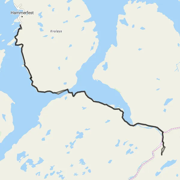 Kartminiatyr av "Sykkeltur fra Rypefjord til Skjåholmen via Kvalsund og Skaidi" sykkelinspirasjon i Nord-Norge, Norway. Generert av Tarmacs.app sykkelrutoplanlegger