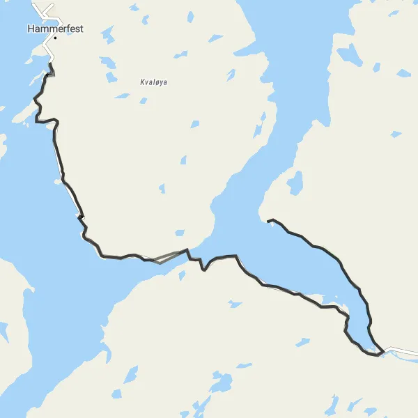 Kartminiatyr av "Eventyrlig rundtur fra Rypefjord til Skjåholmen via Kvalsund" sykkelinspirasjon i Nord-Norge, Norway. Generert av Tarmacs.app sykkelrutoplanlegger
