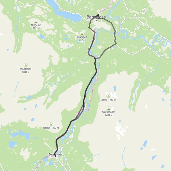 Kartminiatyr av "Bardufossen Loop" sykkelinspirasjon i Nord-Norge, Norway. Generert av Tarmacs.app sykkelrutoplanlegger