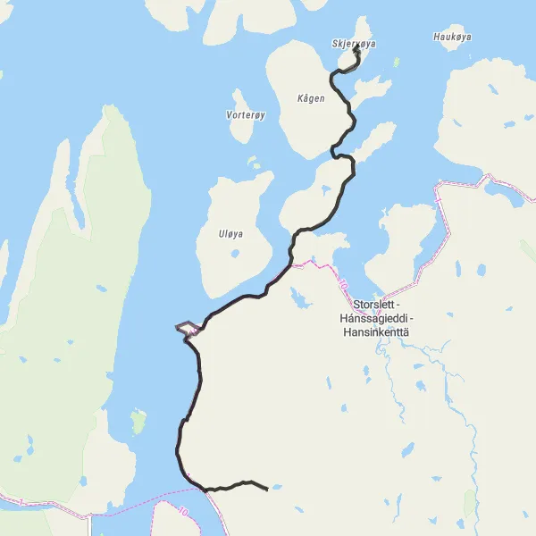 Map miniature of "Spåkenes - Spoahkkanjárga Circuit" cycling inspiration in Nord-Norge, Norway. Generated by Tarmacs.app cycling route planner