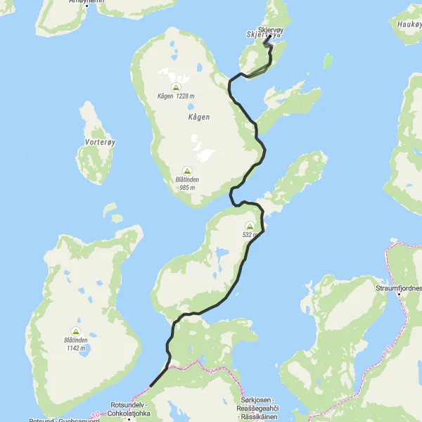 Map miniature of "Skjervøya Loop" cycling inspiration in Nord-Norge, Norway. Generated by Tarmacs.app cycling route planner