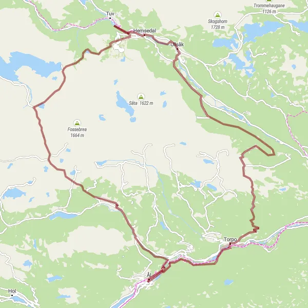 Map miniature of "Hemsedal Gravel Bike Route" cycling inspiration in Oslo og Viken, Norway. Generated by Tarmacs.app cycling route planner