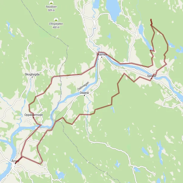 Map miniature of "Årnes to Oppåkermoen Gravel Route" cycling inspiration in Oslo og Viken, Norway. Generated by Tarmacs.app cycling route planner