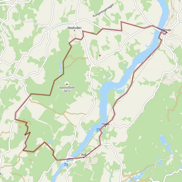 Map miniature of "Gravel Adventure: Årnes to Jagastadfjellet" cycling inspiration in Oslo og Viken, Norway. Generated by Tarmacs.app cycling route planner