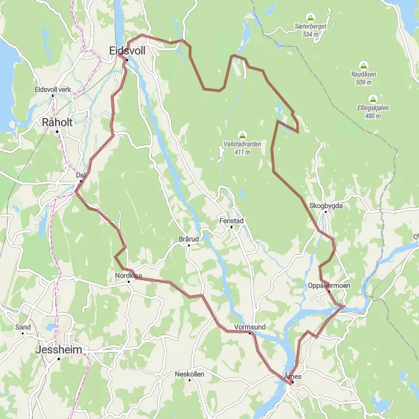 Map miniature of "Vormsund to Eidsvoll Gravel Route" cycling inspiration in Oslo og Viken, Norway. Generated by Tarmacs.app cycling route planner