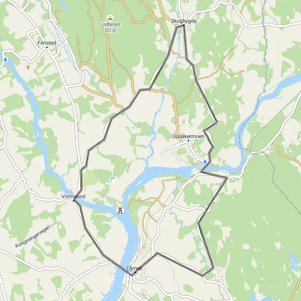 Kartminiatyr av "Vormsund til Funnefoss Loop" sykkelinspirasjon i Oslo og Viken, Norway. Generert av Tarmacs.app sykkelrutoplanlegger