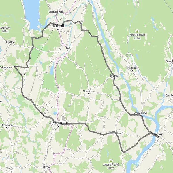 Map miniature of "The Jessheim Loop" cycling inspiration in Oslo og Viken, Norway. Generated by Tarmacs.app cycling route planner