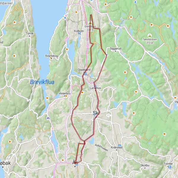 Map miniature of "Langhus to Ås Gravel Adventure" cycling inspiration in Oslo og Viken, Norway. Generated by Tarmacs.app cycling route planner