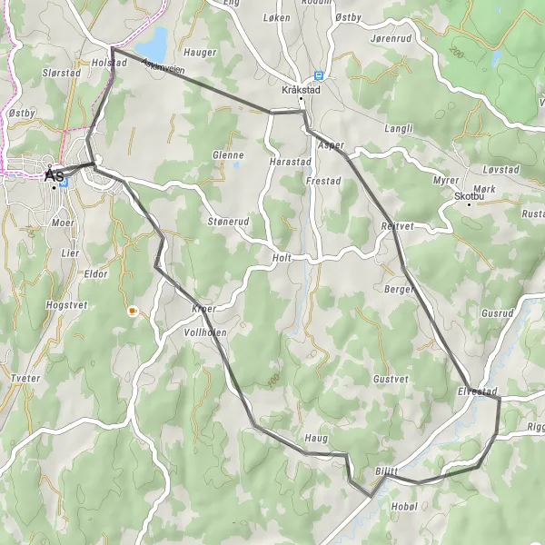 Map miniature of "Kråkstad Loop" cycling inspiration in Oslo og Viken, Norway. Generated by Tarmacs.app cycling route planner