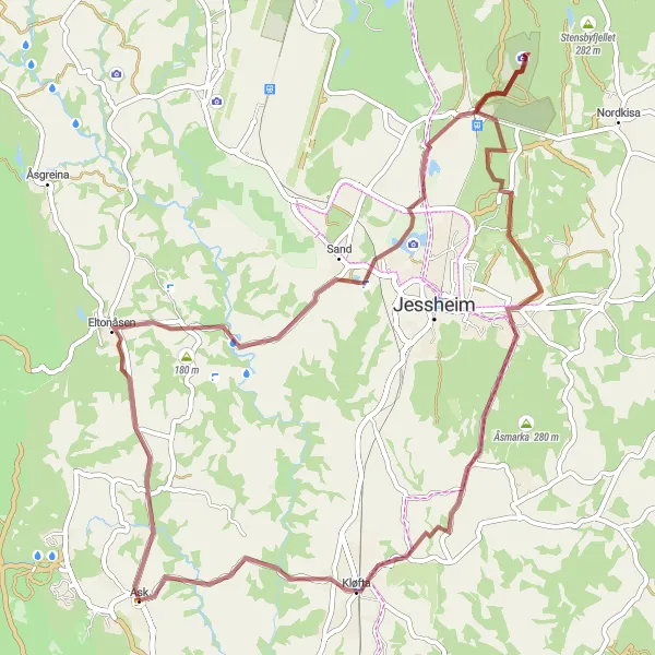 Kartminiatyr av "Grusrunden til Kløfta og Nordbytjernet" sykkelinspirasjon i Oslo og Viken, Norway. Generert av Tarmacs.app sykkelrutoplanlegger