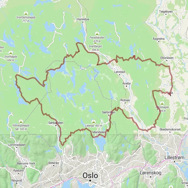 Map miniature of "Ultimate Gravel Challenge: Slattum to Kråkvål" cycling inspiration in Oslo og Viken, Norway. Generated by Tarmacs.app cycling route planner