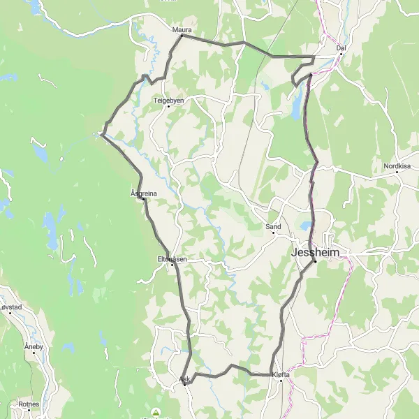 Map miniature of "Eltonåsen and Maura Loop" cycling inspiration in Oslo og Viken, Norway. Generated by Tarmacs.app cycling route planner