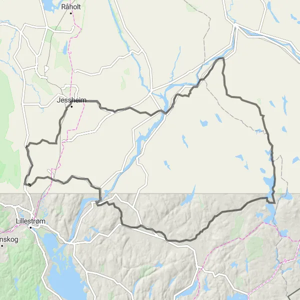 Map miniature of "Jessheim to Årnes Adventure" cycling inspiration in Oslo og Viken, Norway. Generated by Tarmacs.app cycling route planner