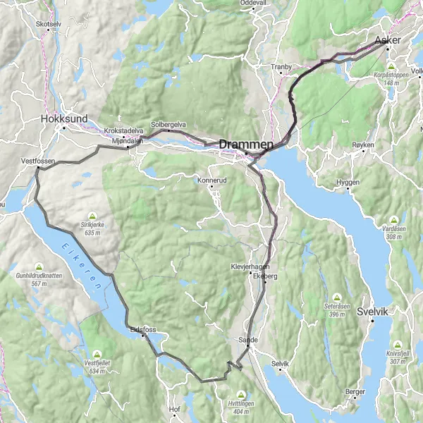 Map miniature of "Brastadåsen loop through Drammen" cycling inspiration in Oslo og Viken, Norway. Generated by Tarmacs.app cycling route planner