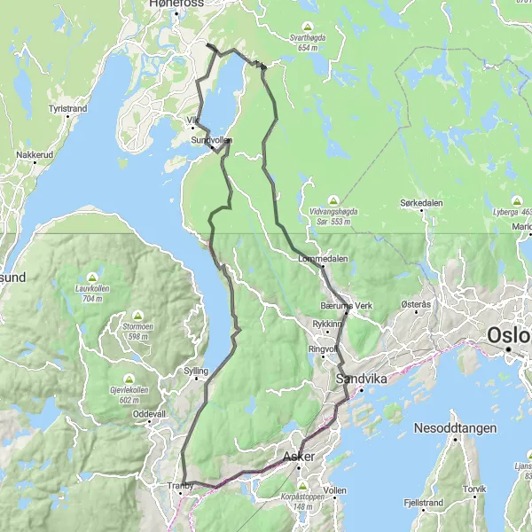 Map miniature of "Tranby loop with panoramic views" cycling inspiration in Oslo og Viken, Norway. Generated by Tarmacs.app cycling route planner