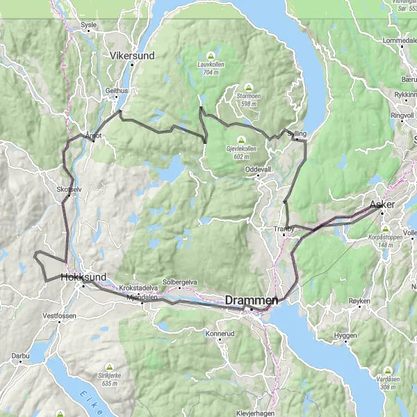 Map miniature of "The Drammen Hinterlands" cycling inspiration in Oslo og Viken, Norway. Generated by Tarmacs.app cycling route planner