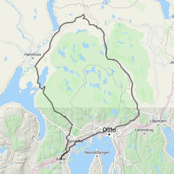 Map miniature of "Vøyenenga to Harestua through the countryside" cycling inspiration in Oslo og Viken, Norway. Generated by Tarmacs.app cycling route planner