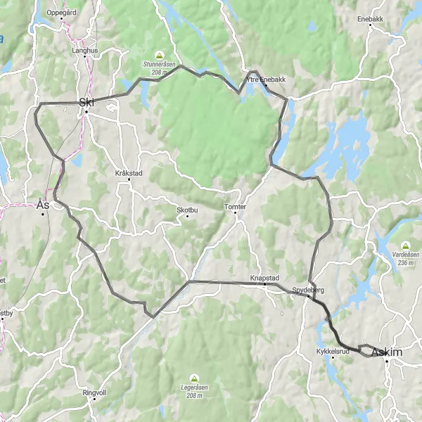 Map miniature of "Scenic Road Cycling in Askim and Surroundings" cycling inspiration in Oslo og Viken, Norway. Generated by Tarmacs.app cycling route planner