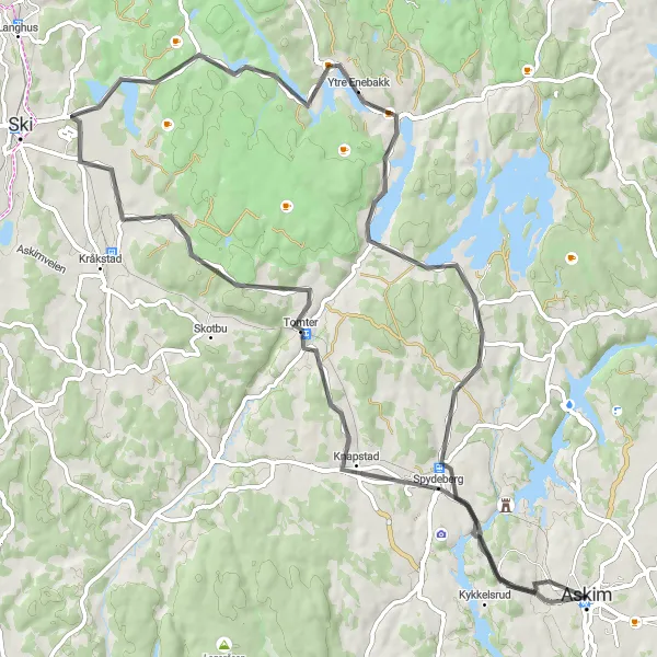 Map miniature of "Tomter and Stokstadåsen Adventure" cycling inspiration in Oslo og Viken, Norway. Generated by Tarmacs.app cycling route planner