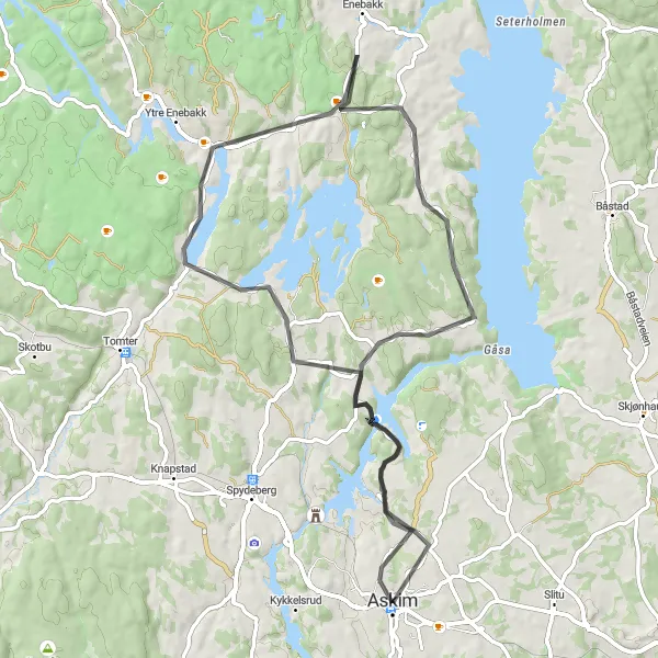 Map miniature of "Scenic Solbergfoss Loop" cycling inspiration in Oslo og Viken, Norway. Generated by Tarmacs.app cycling route planner