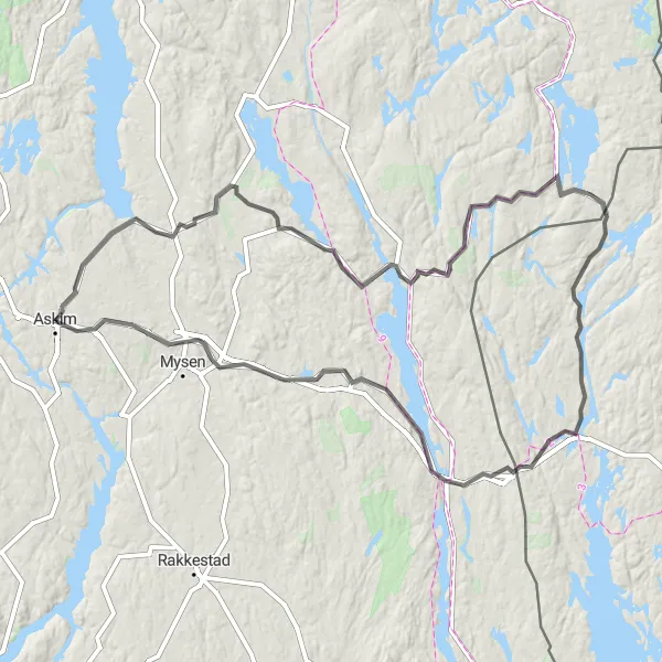 Map miniature of "The Ultimate Challenge: Mountainous Landscape of Askim" cycling inspiration in Oslo og Viken, Norway. Generated by Tarmacs.app cycling route planner