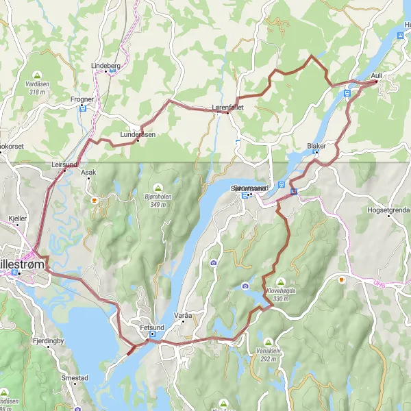 Map miniature of "Auli to Leirsund Loop" cycling inspiration in Oslo og Viken, Norway. Generated by Tarmacs.app cycling route planner