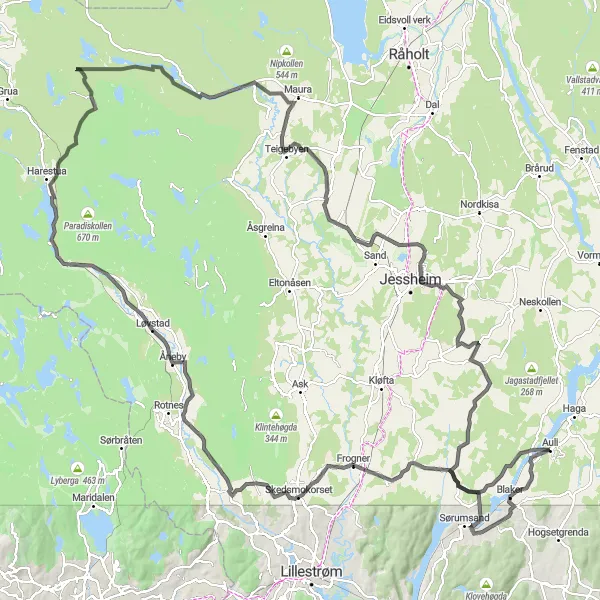 Kartminiatyr av "Utfordrende sykkeltur i Auli" sykkelinspirasjon i Oslo og Viken, Norway. Generert av Tarmacs.app sykkelrutoplanlegger