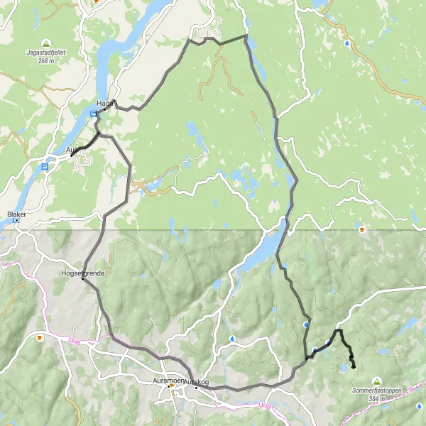 Map miniature of "Aurskog Circuit" cycling inspiration in Oslo og Viken, Norway. Generated by Tarmacs.app cycling route planner