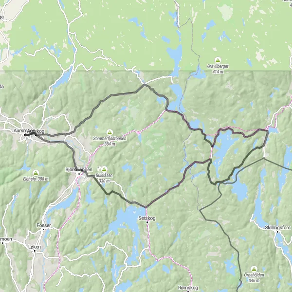 Map miniature of "Aursmoen to Hornåsen Road Cycling Route" cycling inspiration in Oslo og Viken, Norway. Generated by Tarmacs.app cycling route planner