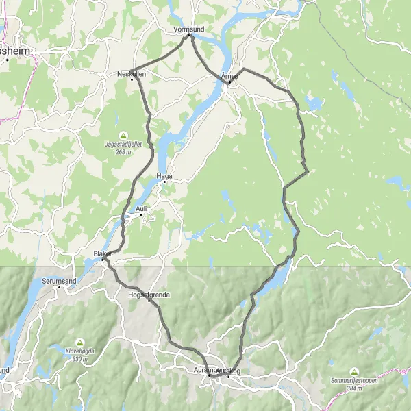 Map miniature of "Aursmoen to Aurskog Extended Road Cycling Route" cycling inspiration in Oslo og Viken, Norway. Generated by Tarmacs.app cycling route planner