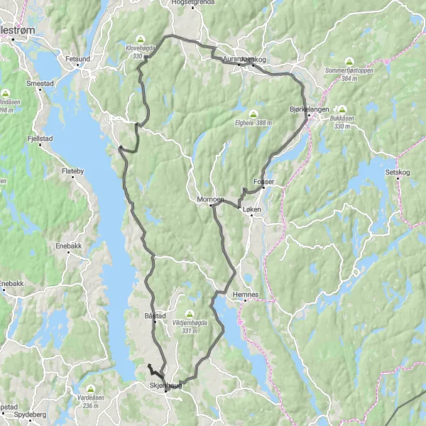 Map miniature of "Aursmoen to Vanakleiv Road Cycling Route" cycling inspiration in Oslo og Viken, Norway. Generated by Tarmacs.app cycling route planner